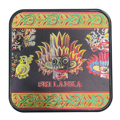 🎭🐘 Sri Lankan Plastic Coaster Set – 6pcs Cultural Table Decor | Sanni Mask & Perahera Theme Designs