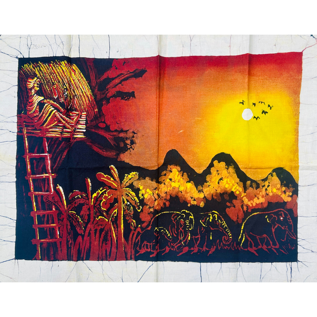 Handmade Sri Lankan Batik Wall Hanging – Elephant & Rural Village Sunset | Cotton Textile Art 60 × 48 cm