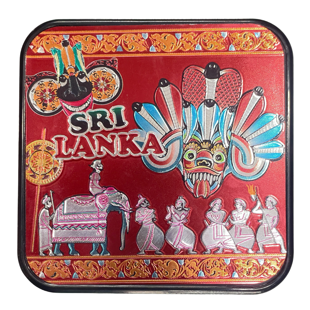 🎭🐘 Sri Lankan Plastic Coaster Set – 6pcs Cultural Table Decor | Sanni Mask & Perahera Theme Designs