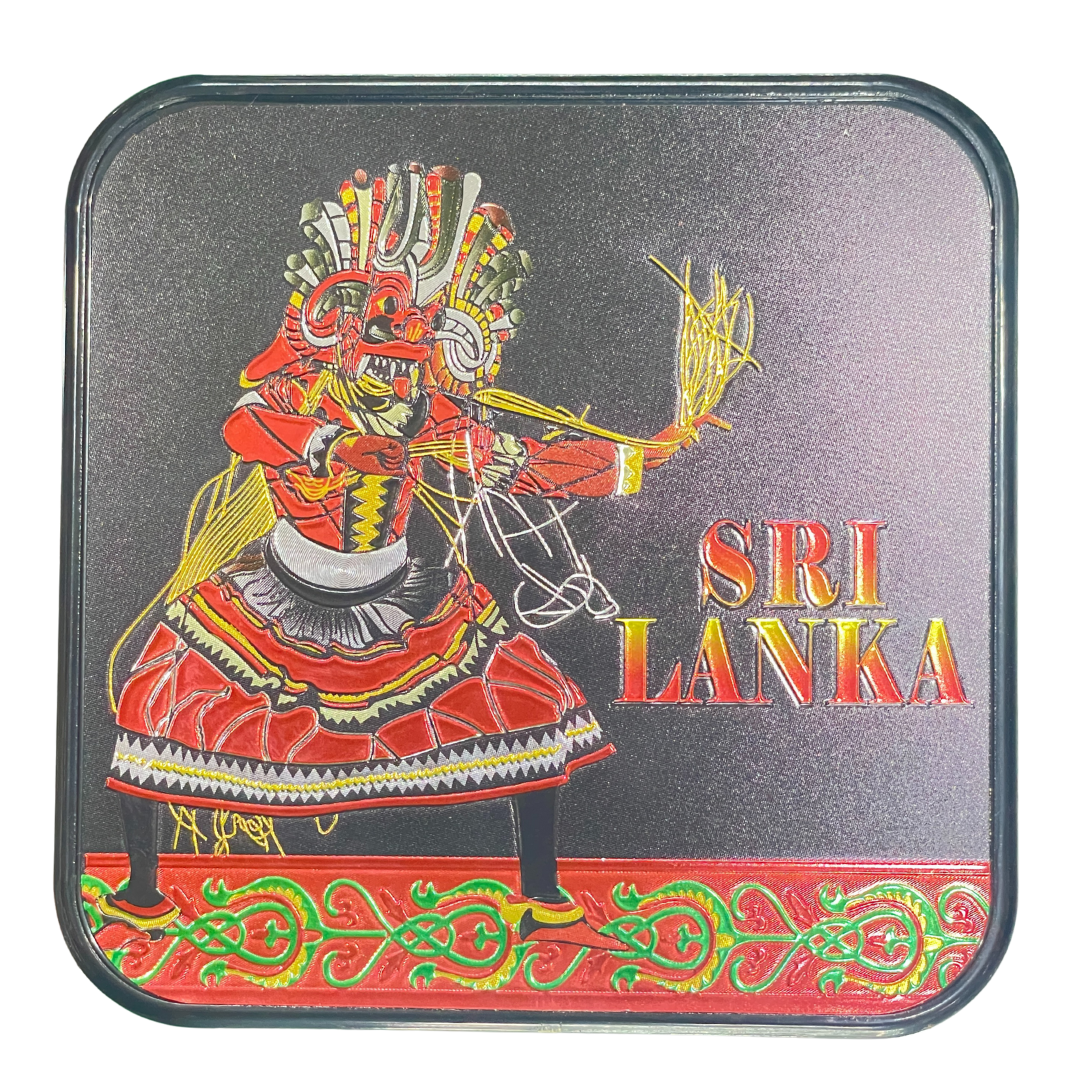 🎭🐘 Sri Lankan Plastic Coaster Set – 6pcs Cultural Table Decor | Sanni Mask & Perahera Theme Designs