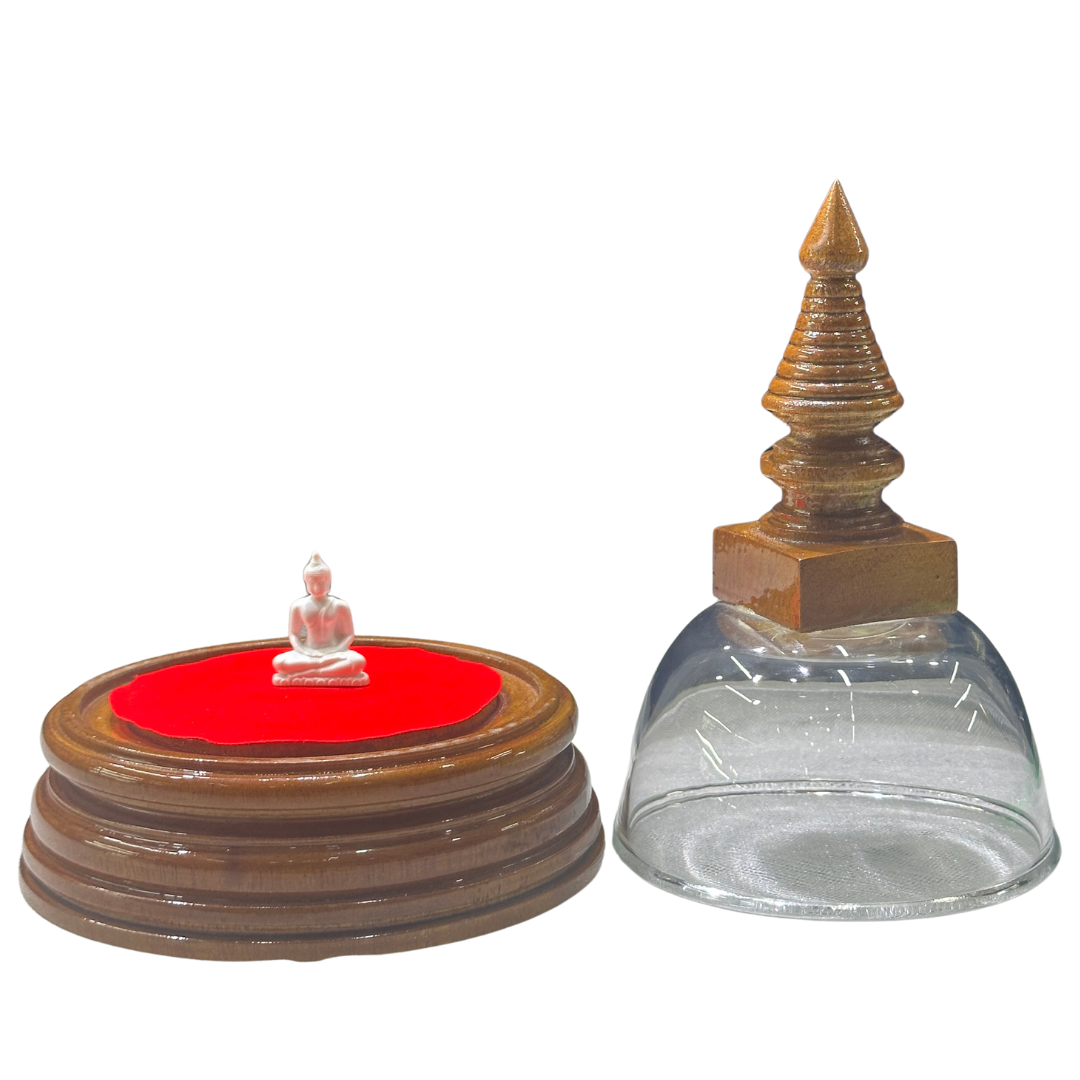 Handcrafted Mahogany Wooden Stupa with Sitting Buddha Statue & Relic Chamber