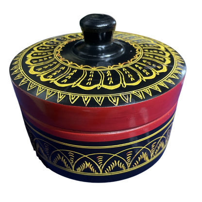 Traditional Sri Lankan Handmade Lacquer (Laksha) Wooden Box – Authentic Artisan Craft | 5" Dia × 3.5" Height