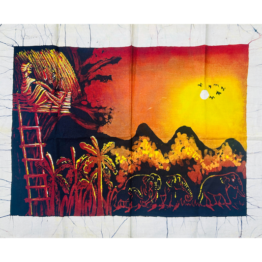 Handmade Sri Lankan Batik Wall Hanging – Elephant & Rural Village Sunset | Cotton Textile Art 60 × 48 cm