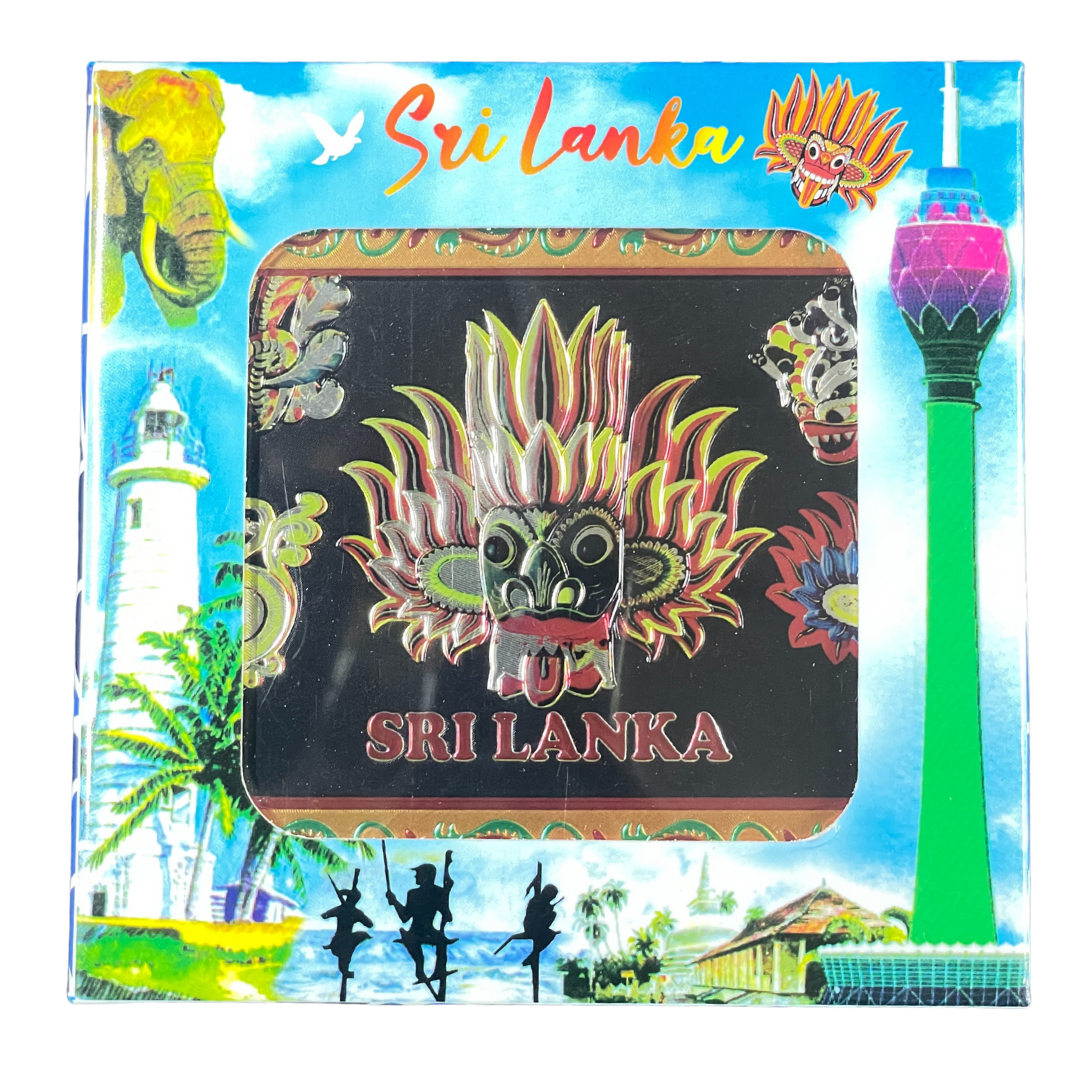 🎭🐘 Sri Lankan Plastic Coaster Set – 6pcs Cultural Table Decor | Sanni Mask & Perahera Theme Designs