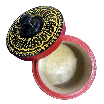 Traditional Sri Lankan Handmade Lacquer (Laksha) Wooden Box – Authentic Artisan Craft | 5" Dia × 3.5" Height