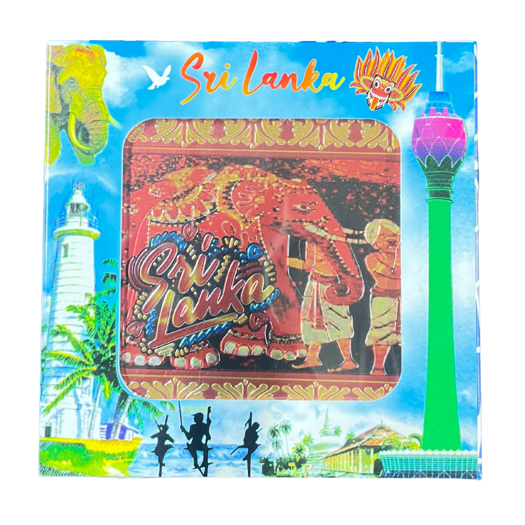 🎭🐘 Sri Lankan Plastic Coaster Set – 6pcs Cultural Table Decor | Sanni Mask & Perahera Theme Designs