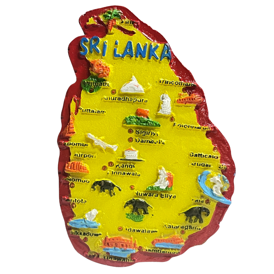 Sri Lanka Map 3D Fridge Magnet – Handmade Plaster of Paris Souvenir (3"x2") - Red and Yellow