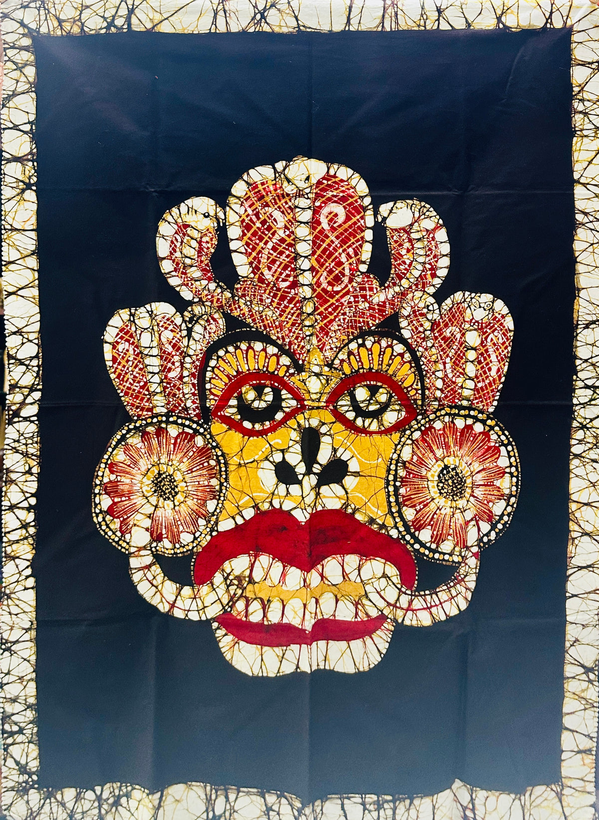 Authentic Sri Lankan Handmade Traditional Raksha Mask Batik Wall Hanging | Reversible Fabric Wall Art (91cm × 68cm)