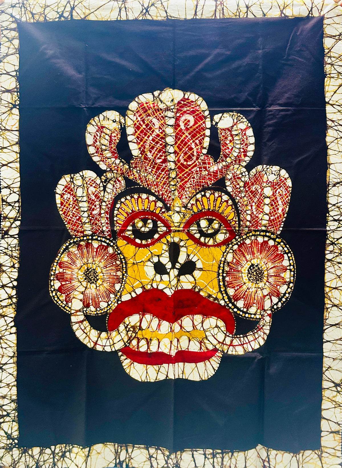 Authentic Sri Lankan Handmade Traditional Raksha Mask Batik Wall Hanging | Reversible Fabric Wall Art (91cm × 68cm)