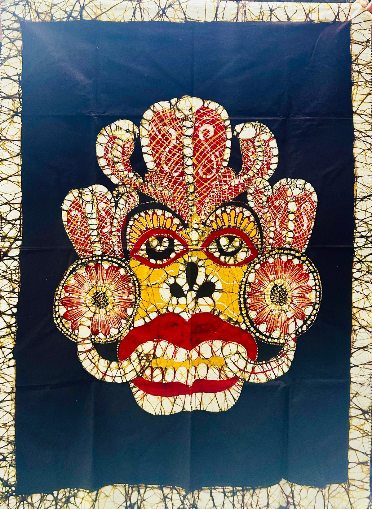Authentic Sri Lankan Handmade Traditional Raksha Mask Batik Wall Hanging | Reversible Fabric Wall Art (91cm × 68cm)