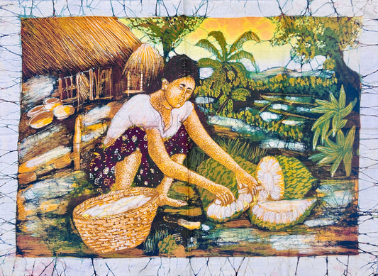 Authentic Sri Lankan Handmade Village Life Batik Wall Hanging | Traditional Jackfruit Harvest Scene (60cm × 45cm)