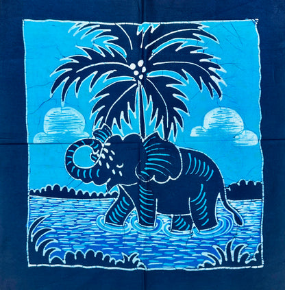 Authentic Sri Lankan Handmade Elephant Batik Wall Hanging | Tropical Palm & River Scene (42.5cm × 43cm)