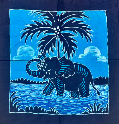 Authentic Sri Lankan Handmade Elephant Batik Wall Hanging | Tropical Palm & River Scene (42.5cm × 43cm)