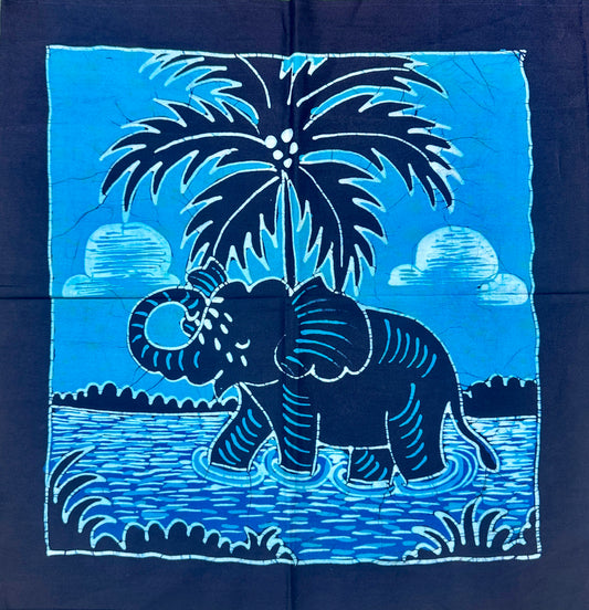 Authentic Sri Lankan Handmade Elephant Batik Wall Hanging | Tropical Palm & River Scene (42.5cm × 43cm)